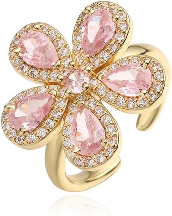 NewZenro Dainty Pink CZ Flower Adjustable Open Rings for Women Sparkly Crystal Cubic Zirconia Floral 18k Gold Plated Statement Finger Band Engagement Promise Ring Comfort Fit Trendy Jewelry