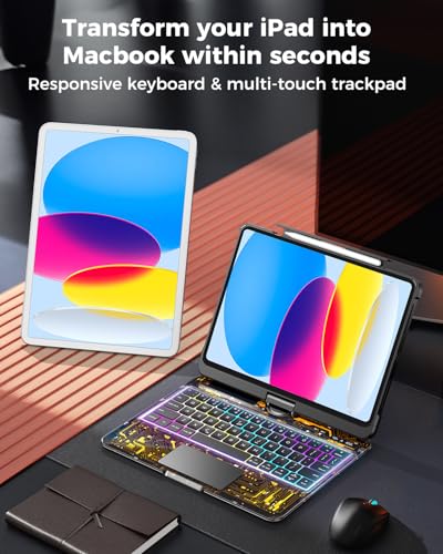 SIBEITU Keyboard Case for iPad A16 11th Gen 11" 2025 & 10th Gen 10.9" 2022, Clear Wireless Keyboard Protective Cover with Multi-Touch Trackpad, 7-Color Backlight & 3-Brightness, 360 Rotatable, Black