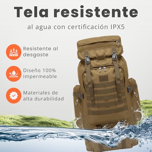Miniatura 3 de Jupplies Mochila Tactica Militar 80l Oxford 600d Impermeable Ipx5 Con Sistema Molle, Cremalleras Reforzadas Y Gran Capacidad Para Senderismo, Camping, Crossfit, Gimnasio - Khaki