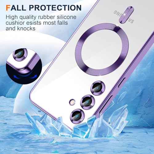 Image of VONZEE Clear Logo Electroplating Transparent Case for Samsung S25 FE 5G, Magnetic Plating [Support for MagSafe Charger] Electroplate TPU Cover, Individual Camera Protection for Each Lens - Deep Purple