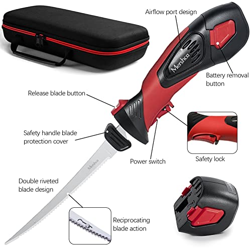 Mershca Cordless Electric Fillet Knife, With 5 Ti-Nitride S.s. Coated Non-Stick Reciprocating Blades & Cooling Hole Non-Slip Grip Handle & Practical Handbag, Rechargeable Electric Knife For Fishing #TOP3