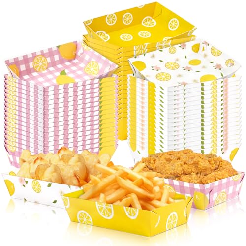 Geefuun 50Pcs Lemon Paper Food Trays Decor Disposable Serving Plates Pink Yellow Lemonade Summer Theme Party Birthday Baby Shower Picnic Supplies Bulk