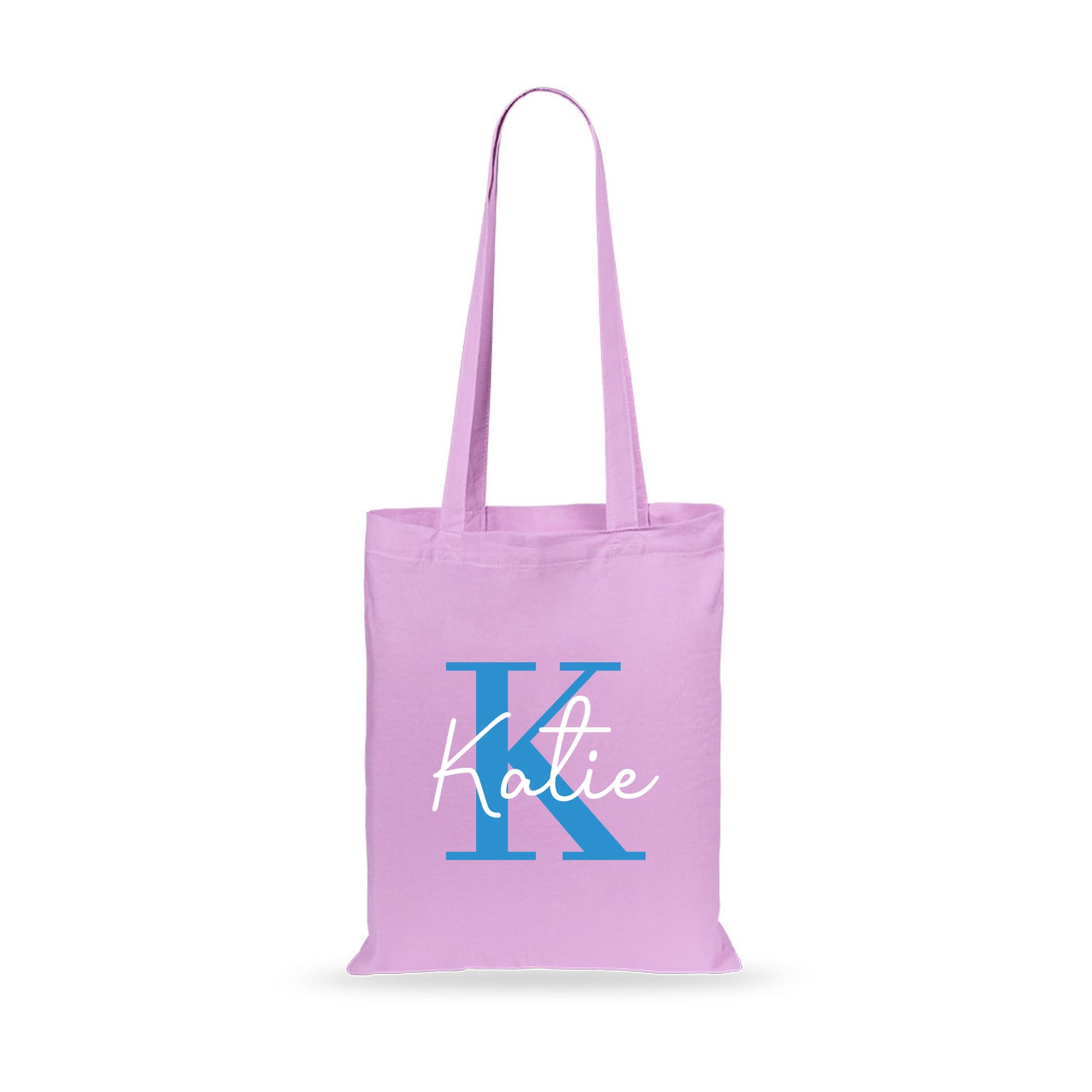 eBuyGB Personalised Tote Bag, Custom Alphabet Cotton Shopper with Blue Initial & Name, Perfect for School, PE Kit, Lunch Bag, Shopping, Gift, Trick or Treat, Reusable, Light Pink