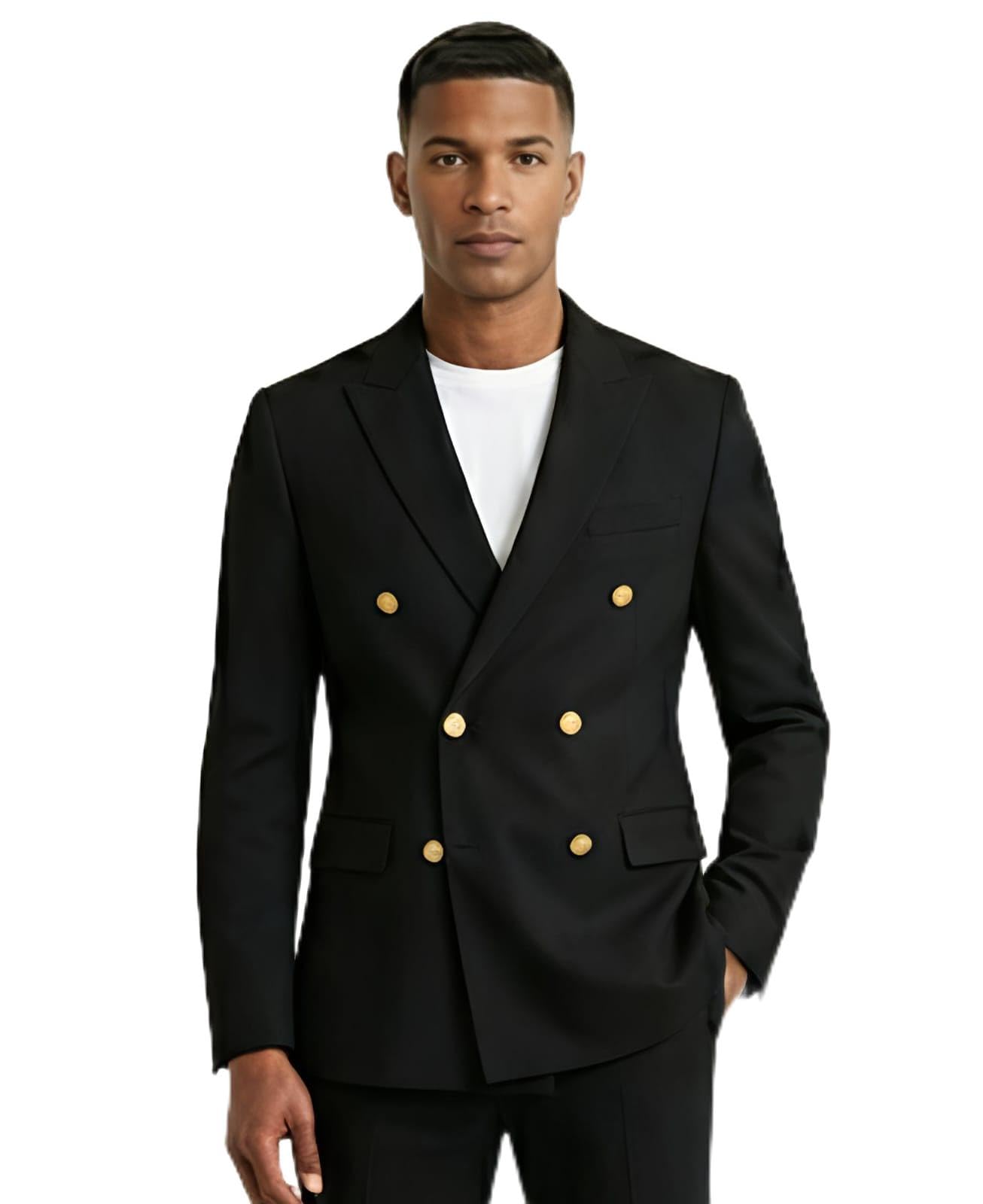Men's Black Double-Breasted Blazer with Gold Buttons, Slim Fit Formal Jacket-picture-44