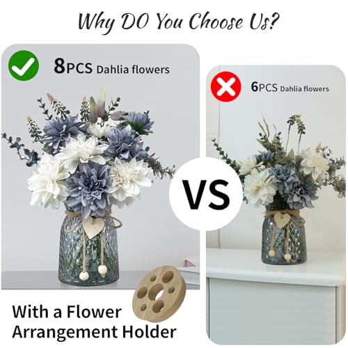 Fake Flowers in Vase,8 Dahlias,Silk Artificial Flowers in Vase,Centerpiece Table Decorations,Faux Flowers in Vase with a Flower Arrangement Holder - Image 4