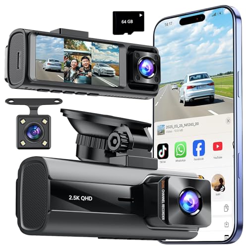 Dash Cam Front and Rear Inside, 3 Channel Car Camera with 5G WiFi & 360° Coverage | 2.5K+1080P+1080P, Night Vision | Loop Recording, G-Sensor, 24H Parking Mode, Includes 64GB Card