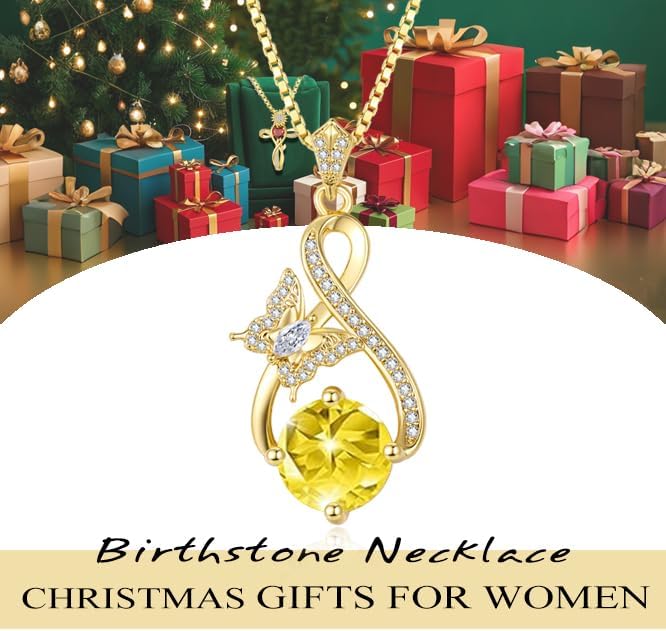 HeartMelody Butterfly Infinity Necklaces for Women,14K 18K Gold/White Gold Plated Round Birthstone Pendant Necklace Everyday Jewelry Anniversary Birthday Christmas Gifts for Women Mom Her