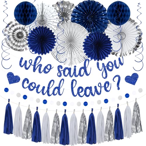 Image of Roetyce Farewell Party Decorations Women Men, Blue Glitter Who Said You Could Leave Banner, Blue Silver Going Away Leaving Goodbye Party Supplies for Coworker Friend, Retirement Photo Background Decor