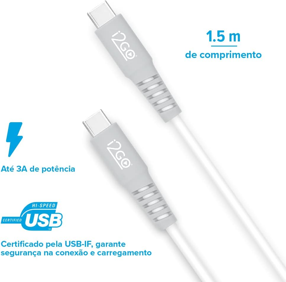 Kit Carregador de Parede Ultra Rápido com 1 Saída USB-C Power Delivery 20W + Cabo USB-C + USB-C I2GO 1,5m 3A Branco Kit Carregador de Parede Ultra Rápido com 1 Saída USB-C Power Delivery 20W + Cabo USB-C + USB-C I2GO 1,5m 3A Branco