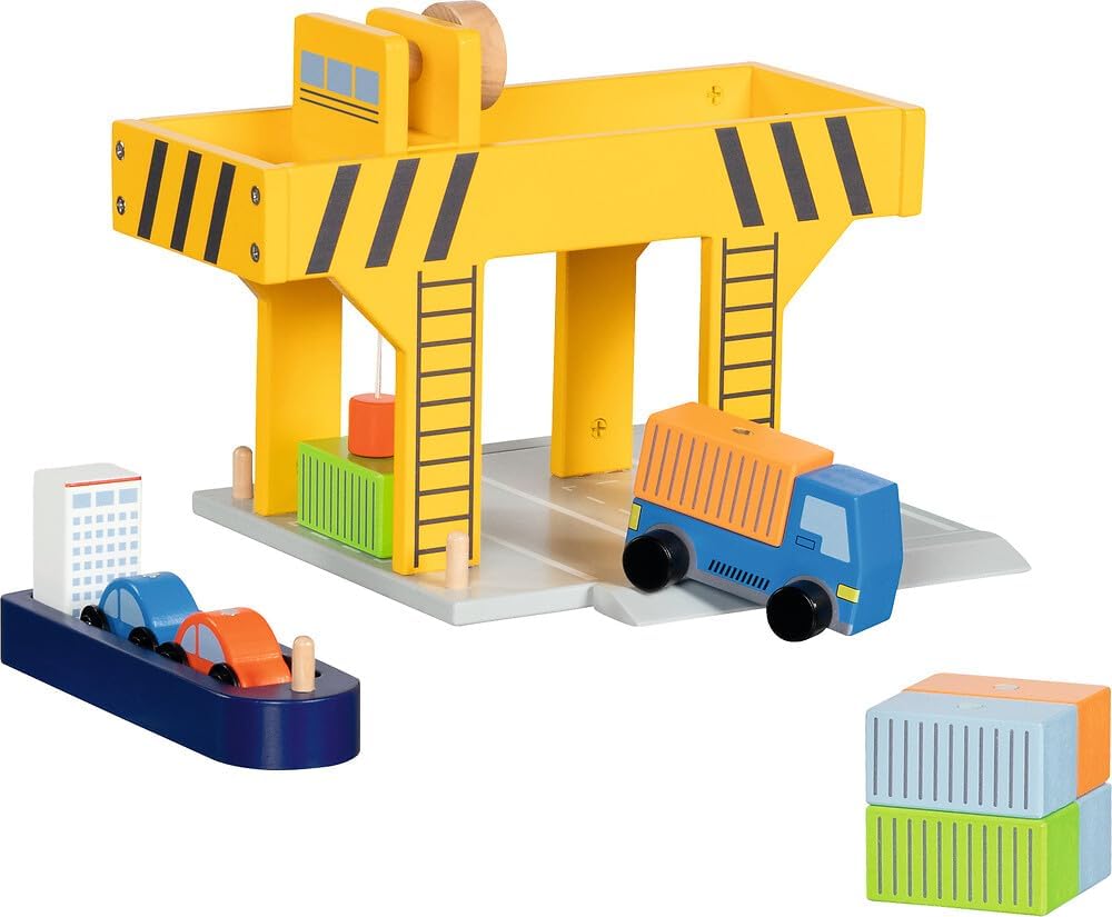 goki 55826 - Wooden Harbour Crane with Container, Cargo Ship and Vehicles, Bridge Crane/Container Crane with Crank and Magnetic Lifter, Container Port Toy Set