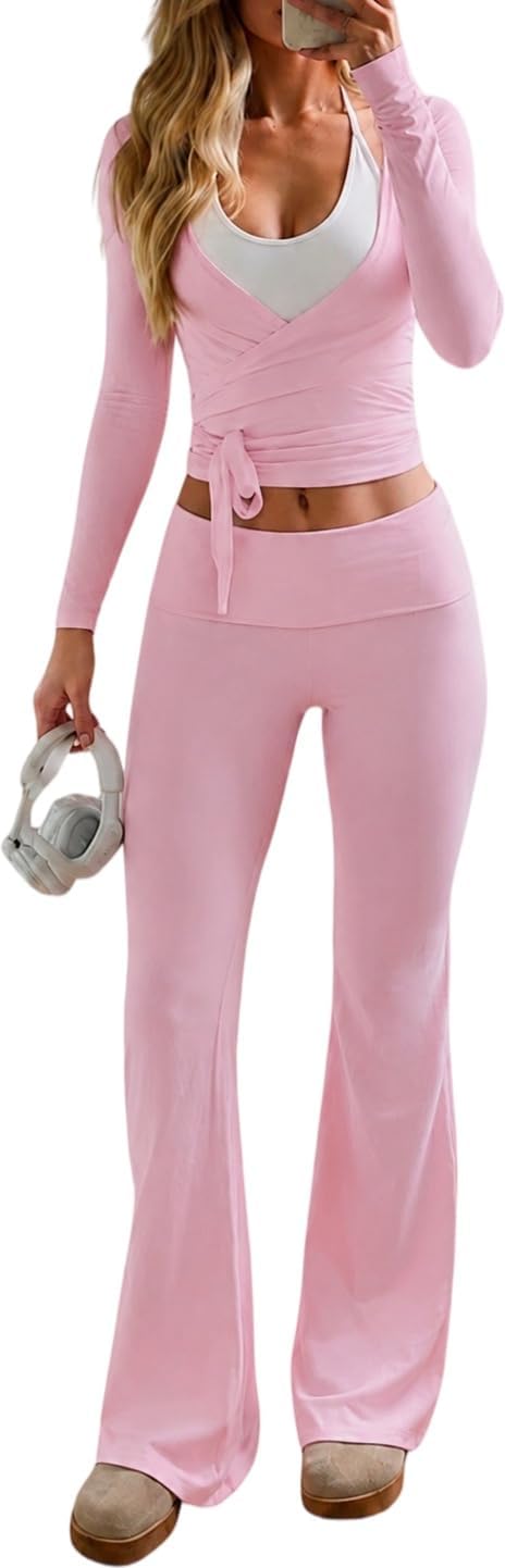 AYWA Women's 2 Piece Outfits Long Sleeve Wrap Front Crop Top Flare Pants