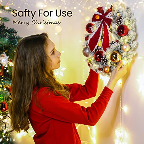 Areker Christmas Wreath With Lights (Timer) 16In Snow White Pre-Lit Christmas Wreath For Front Door Full Of Frosted Branch/Pine Cones/Shiny Balls/Huge Bow,Battery Operated Christmas Wreath 40Led #TOP4