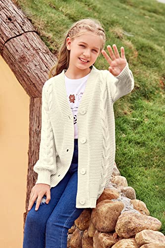 Image of Apbondy Girls Cable Knit Cardigans Button Down Long Sleeve Chunky Sweater Outerwear White