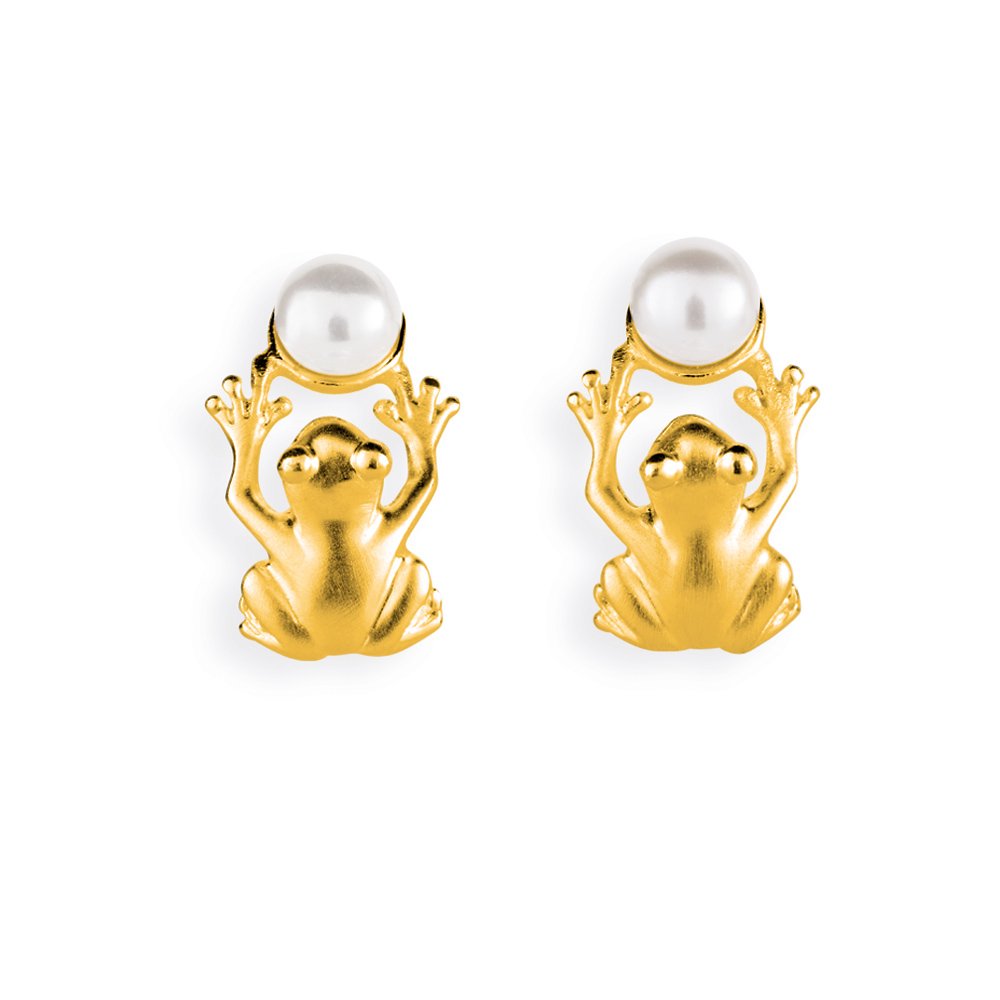 Drachenfels Design D FR 25/AGG Ladies Stud Earrings Matte Gold Plated Frog Prince Silver White Cultured Freshwater Pearl