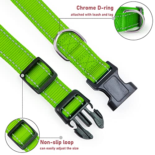 Reflective Dog Collar with Buckle Adjustable Safety Nylon Collars for Small Medium Large Dogs, Grass Green XL
