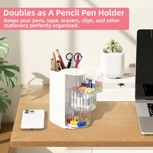 Image of neotidy Hair Accessories Organizer with Hair Brush Holder, Rotating Hair Tie Product Organizer for Girls, 3-Tier Makeup Brush Holder for Clips, Bows & Brushes (White, 3-Tier)