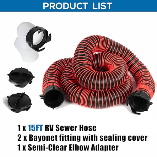 Image of 15FT RV Sewer Hose with Bayonet Fittings and 4-in-1 Adapter Elbow | EXTREME Heavy Duty 24 Mil, TPE Material, Abrasion Resistance and Crush Protection, Red