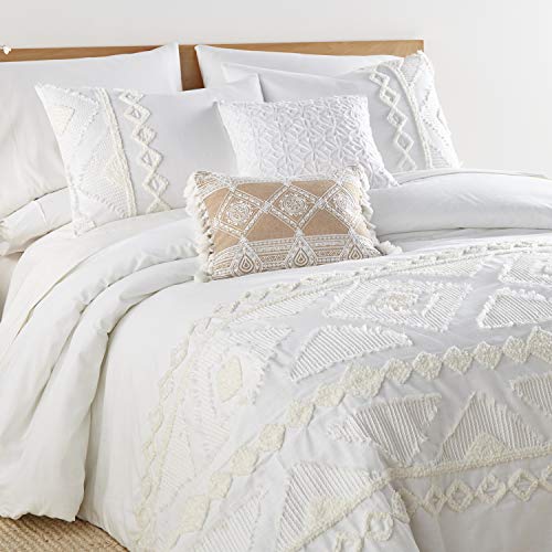 Levtex Home - Harleson Comforter Set - King Comforter + Two King Pillow Cases - Tufted Chenille Frayed Tribal In White And Cream - Comforter (106 X 94In.) And Pillow Case (36 X 20In.) - Cotton #TOP1