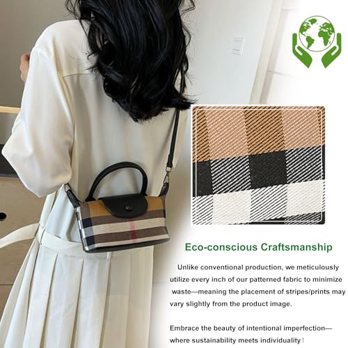 Image of Mini Plaid Canvas Handbag for Women PU Leather Top Handle Checked Bucket Hand Bag