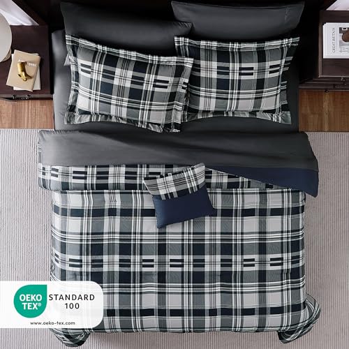 Image of MaiReve Full Size Comforter Set Navy Blue, Plaid Design Comforter Set 7 Pieces, All Season Comfortable Bedding Sets Full, Lightweight, Soft and Warm (Navy Blue, Full)