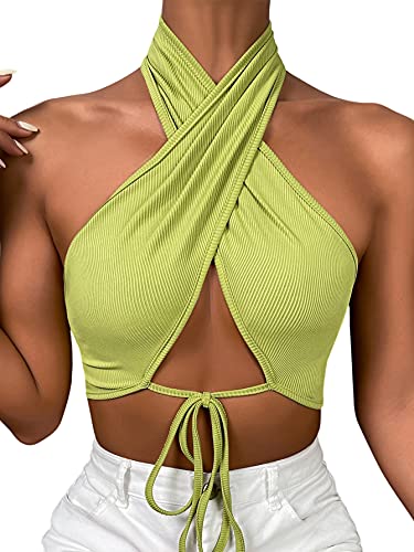 SheIn Women s Backless Criss Cross Wrap Rib Knit Tie Back Crop Cami Tops Lime Green Medium