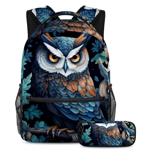 Cartables avec trousse motif hibou grand sac à dos scolaire mixte
