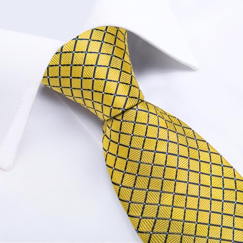Image of DiBanGu Mens Yellow Plaid Tie Woven Checkered Necktie with Pocket Square Cufflinks Sets in Gift Box Party