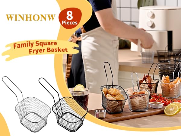 WINHONW 8pcs Mini Square Fry Baskets 4.1x3.3x2.6Inches, French fry basket Table Serving Fryer Baskets(black) 4