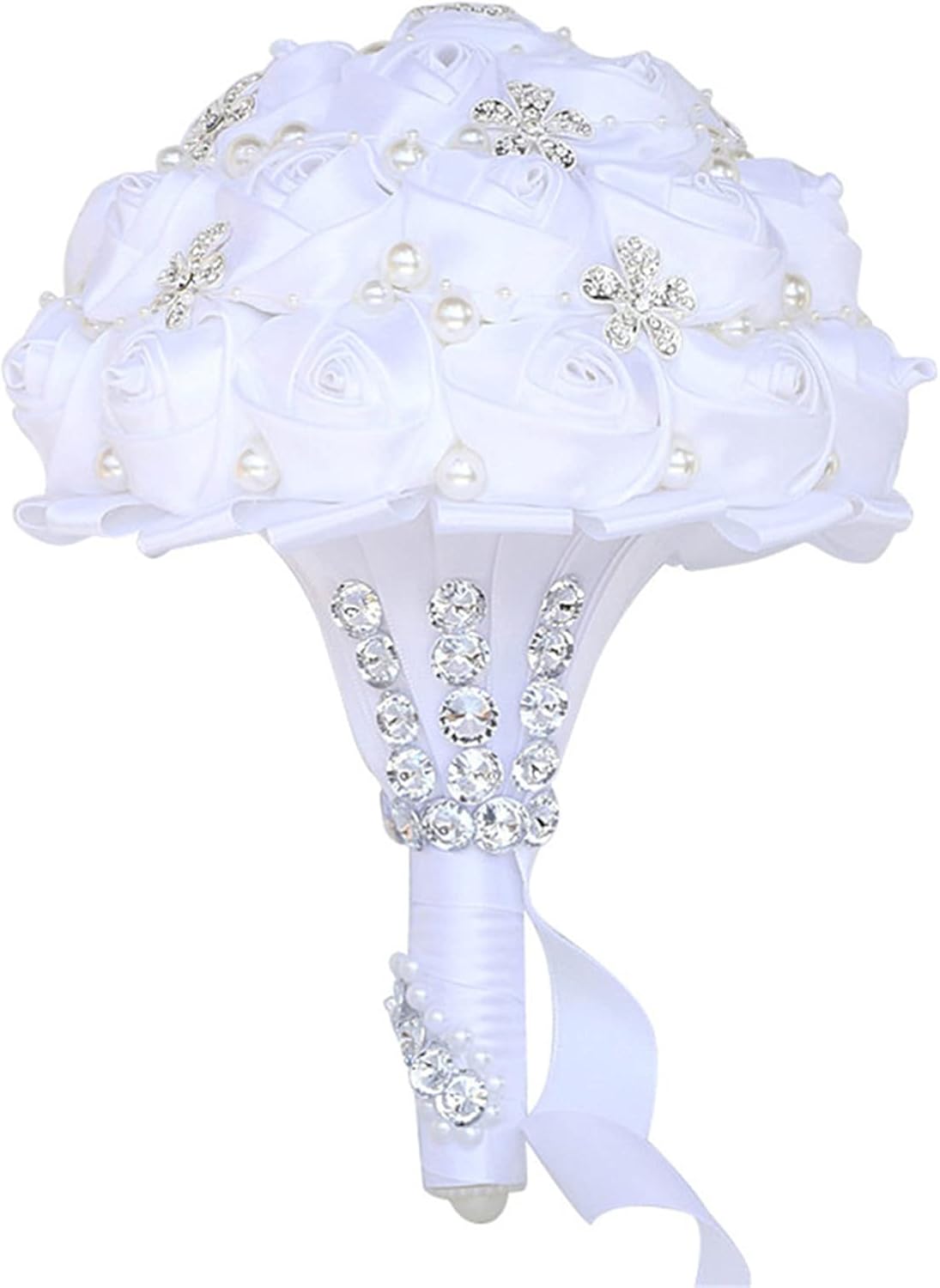 Handmade Wedding Bouquets for Bride Bridesmaid Artificial Rhinestone Satin Rose Flower Bridal Bouquet Tossing Bouquet for Wedding Ceremony Anniversary (White, 15'')