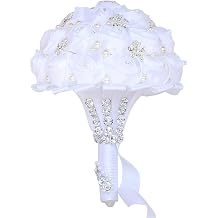 Handmade Wedding Bouquets for Bride Bridesmaid Artificial Rhinestone Satin Rose Flower Bridal Bouquet Tossing Bouquet for Wedding Ceremony Anniversary White, 18