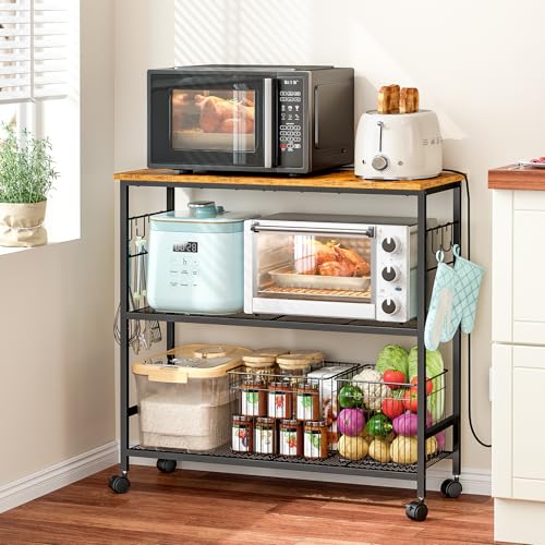 Image of 3 Tier Rolling Kitchen Microwave Cart, 33 Inch Microwave Table Stand with Adjustable Shelf, Kitchen Storage Island Utility Cart on Lockable Wheels, Bakers Rack Coffee Bar for Living Room, Office