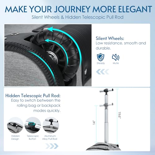 lychee Concealable Rolling Backpack-Adult Business Laptop Backpack with Wheels-20 inch Invisible Shoulder Strap Waterproof Backpack with Roller-Suitcase Travel Bag,Grey2