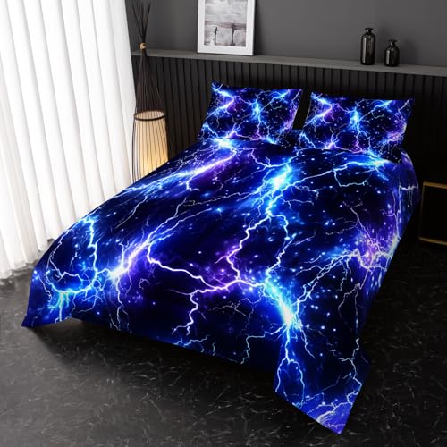 Image of Nttopship Blue Lightning Comforter Set Twin Size Bed in A Bag,Lightning Bedding Set for Teen Adult Blue Room Decor Ultra-Soft Lightweight Microfiber with 2 Pillowcases