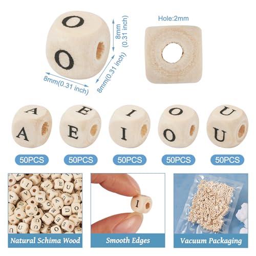 Spritewelry 250Pcs 8mm Wood Initial Letter Beads Cube Wooden Beads Natural Wooden Square Beads A E I O U Loose Beads Craft Letter Spacer Beads for Bracelet Necklace Earring Phone Decor Making - Image 2