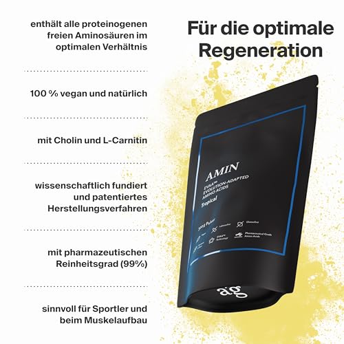 AMIN – Patentierter EVAA™ Aminosäuren-Komplex mit BCAAs & EAAs | 300g, TROPICAL | Ideal für Muskelaufbau & Regeneration | 100% Veganes Proteinpulver |