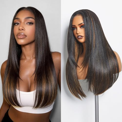 GORGIUS Brown Highlighted Straight Lace Front Wigs Pre Cut Wear and Go Glueless Glueless Layered Wig Middle Part Fiber Blend Human Hair Frontal Wig with Natural Hairline 24 Inch
