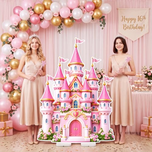 Image of Qunclay 4.5 ft Pink Princess Castle Cardboard Cutout Fairy Tale Castle Party Decoration Life Size Photo Booth Prop Standee Stand up 3D Display Backdrop Decor for Birthday Tea Party Baby Shower