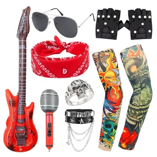 9 Piezas Disfraz de Rock Punk, Kit de Accesorios para Rockeros de Heavy Metal con Guantes Mangas de Tatuaje Pulseras Gafas Pañuelo Anillo de Calavera Guitarra Inflable Micrófono para Adultos Halloween
