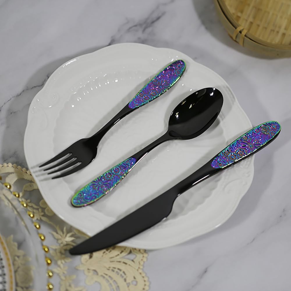 Black Dazzle Silverware Set for 4 Luxury Fine Flower Handle Flatware Set 20 Pieces Elegant Tableware Set 18/10 Stainless Steel Cutlery Set Utensil Sets for Home Restaurant Mirror Finish