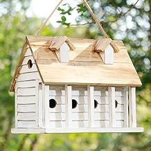 Glitzhome 14.25L Wood Hanging Birdhouse for Outdoors Oversized Distressed Cottage Painted Bird House Rustic Bird House for Bluebird Wren Chickadee Sparrow Bird Nest Box for Garden Patio, Washed White