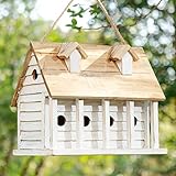 Glitzhome 14.25”L Wood Hanging Birdhouse for Outdoors Oversized Distressed Cottage Painted Bird House Rustic Bird House for Bluebird Wren Chickadee Sparrow Bird Nest Box for Garden Patio, Washed White