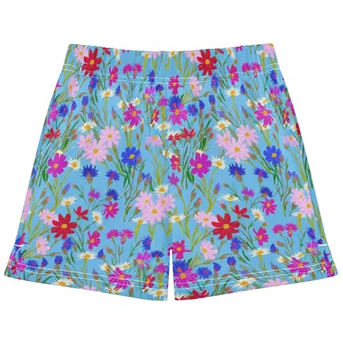 Vibrant Colorful Wildflower Blue Girls Lounge Athletic Shorts Floral Print Kids Summer Pajama Sleepwear, X-Small