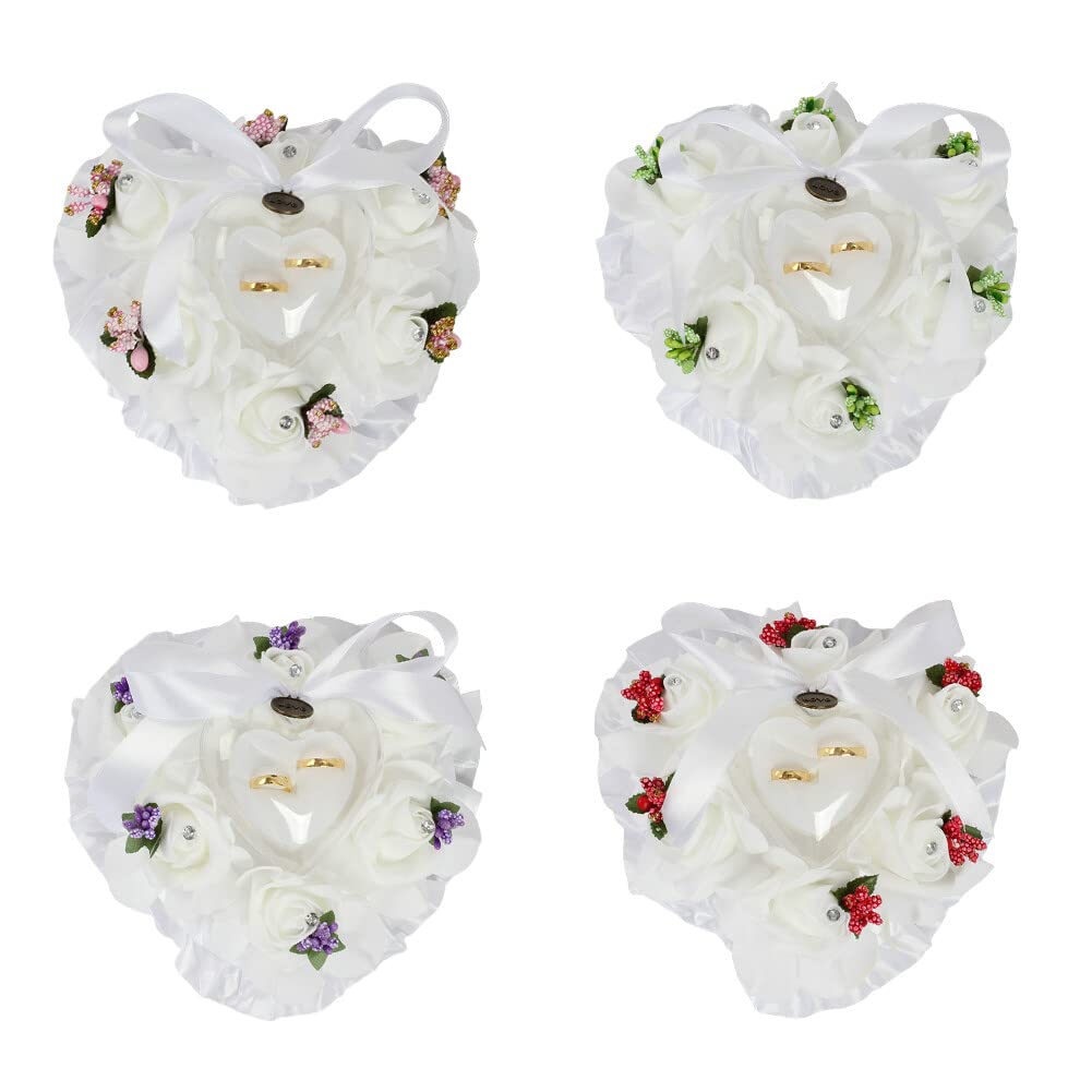 Coussin Porte-alliances En Forme De Cœur Blanc Avec Roses - Pour Mariage, Fiançailles, Cérémonie Coussin Porte Alliances