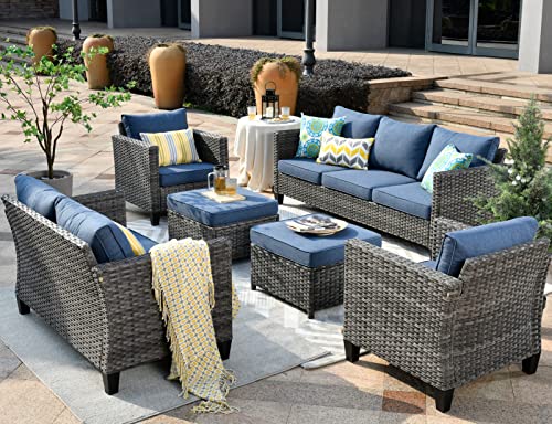 OVIOS Patio Furniture Set 6 PCS Outdoor Wicker Sectional Sofa Set with Loveseat Chairs Ottomans High Back Rattan Sofa for Yard Garden Porch (Denim Blue)