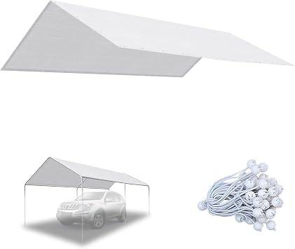 YardGrow 10x20 Carport Replacement Canopy Cover for Tent Car Shelter Top Tarp Cover w/Bungees, Carport Canopy Top Replacement Cover ONLY White