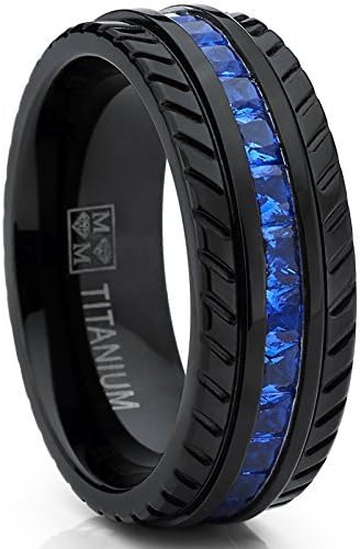 Men's Black Titanium Wedding Band, Engagement Eternity ring W/Princess Cut Deep Blue Cubic Zirconia CZ