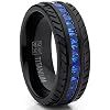 Mens Black Titanium Wedding Band, Engagement Eternity ring W/Princess Cut Deep Blue Cubic Zirconia CZ