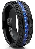 Metal Masters Co. Men's Black Titanium Wedding Band, Engagement Eternity Ring W/Princess Cut Deep Blue Cubic Zirconia CZ
