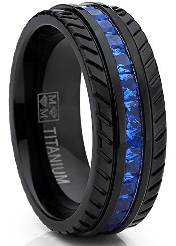 Men's Black Titanium Wedding Band, Engagement Eternity ring W/Princess Cut Deep Blue Cubic Zirconia CZ