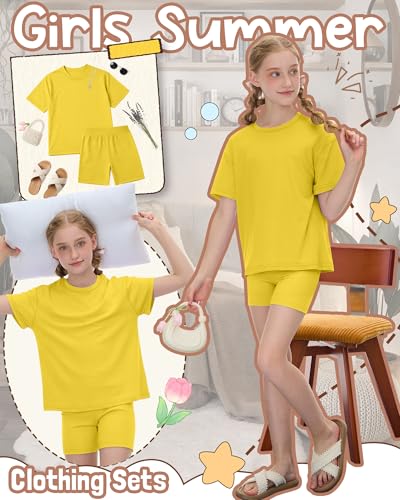 Image of Oakgarden Summer Outfits for Girls 5-14Y Athletic Casual Sets Kid Short Sleeve Shirt Bike Shorts 2 Piece Tween Trendy Clothes